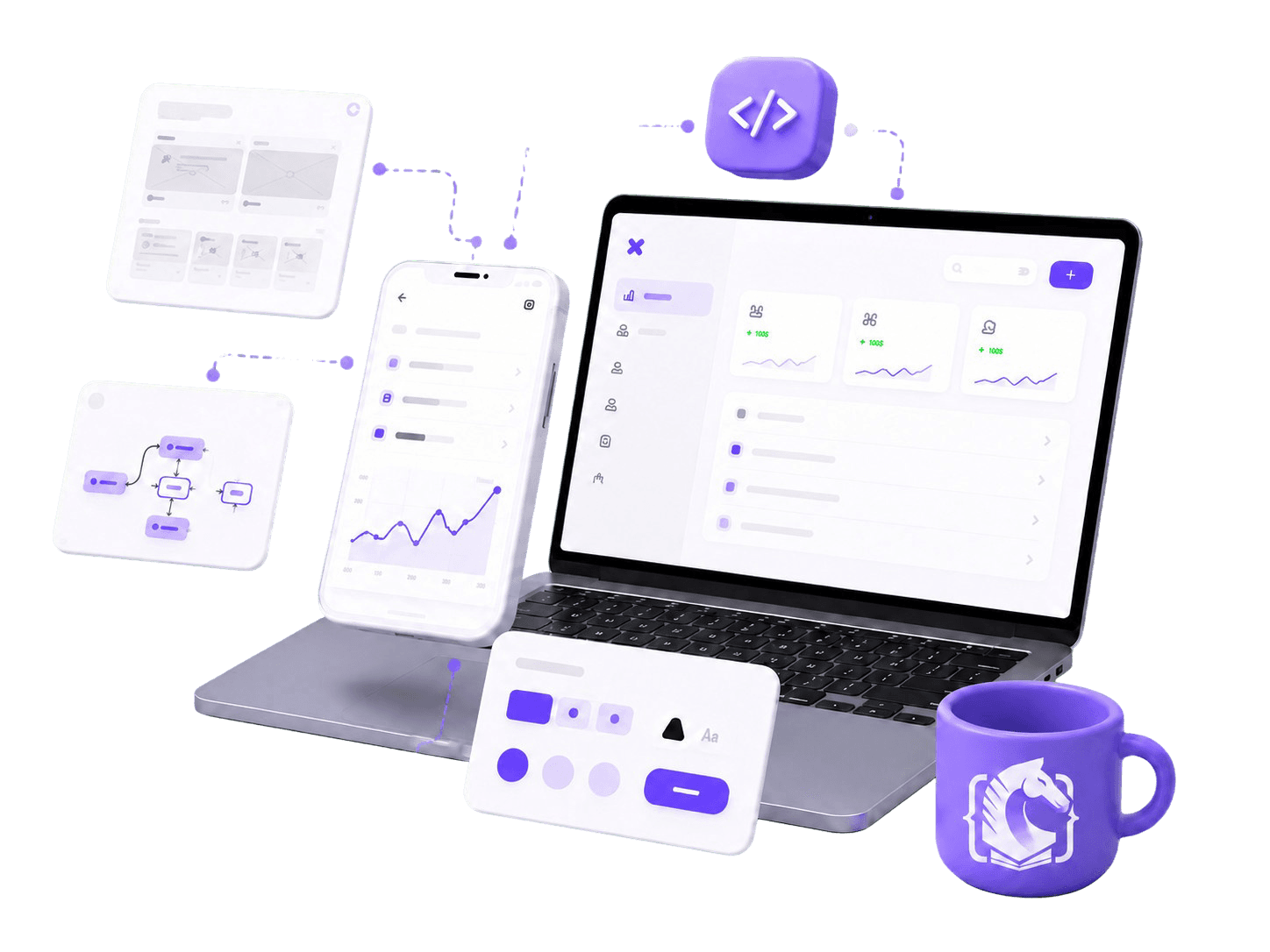 Laptop showing UI/UX design components with coffee and notepad